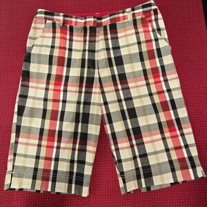 Kim Rogers Cranberry, black, tan plaid Bermuda shorts - SIZE 14
